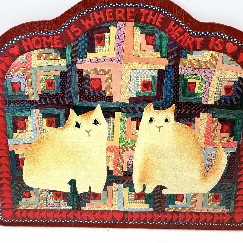 Vintage Handmade Country Cats Wooden Folk Art Plaque Home Is Where The Heart Is - Picture 2 of 5